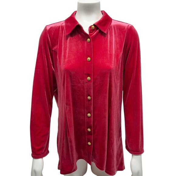 Soft Surroundings Women’s XL Enchanted Velvet Shirt Sangria Red Gold Buttons - Picture 2 of 13